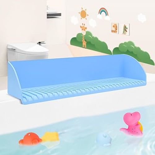 Bathtub Splash Guard for Tub, Silicone Water Splash Guard with Suction Cups, Bath Toy Tray Holder, Bathtub Side Suction Tray, Toddler Bathroom Essentials (Blue)