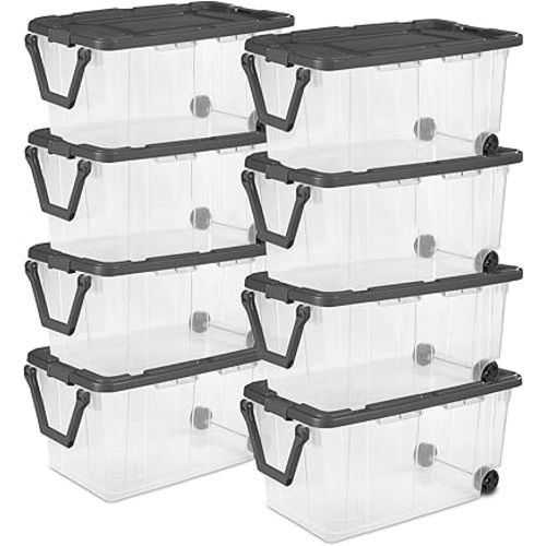 Sterilite 8-Pack Modular Stacker Box, Durable Clear Plastic Storage Bins with Latching Lids, 40 Quart - Stackable Organizing Container Boxes for Closet, Bathroom, and Office