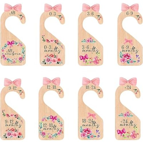 Rose Baby Hangers with Size Dividers, Wooden Baby Clothes Organizer for Nursery Decor, Rose Newborn Baby Items from 0-24+ Months