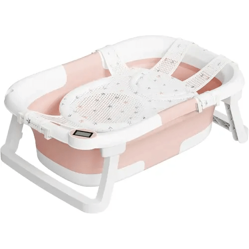 Collapsible Baby Bathtub,Baby Bath Tub with Soft Cushion & Thermometer,Baby Bathtub Newborn to Toddler 0-36 Months,Portable Travel Baby Tub