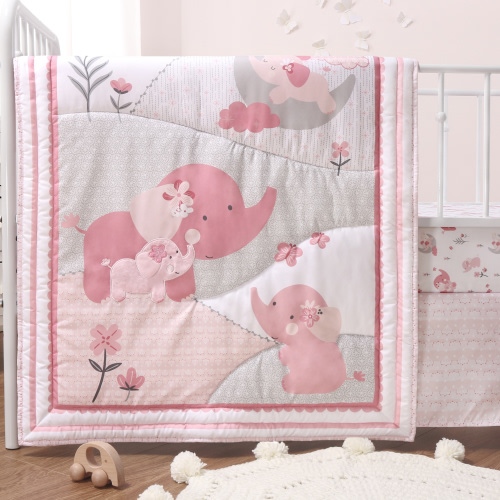 The Peanutshell Pink Elephant Crib Bedding Set for Baby Girls, 3 Piece Nursery Set
