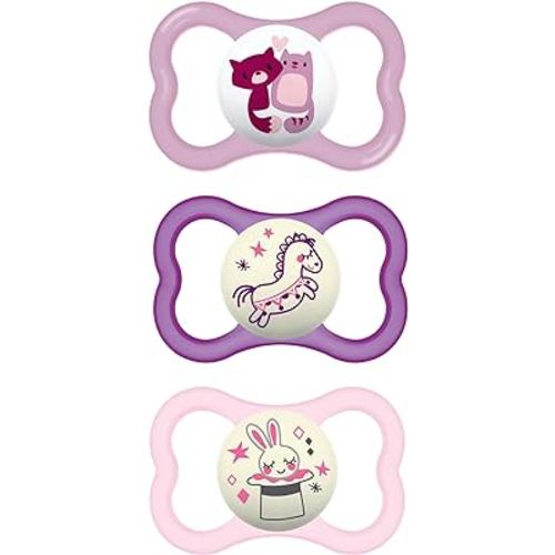 MAM Air Night & Day Baby Pacifier, for Sensitive Skin, Glows in The Dark, 3 Pack, 6-16 Months, Girl,3 Count (Pack of 1)