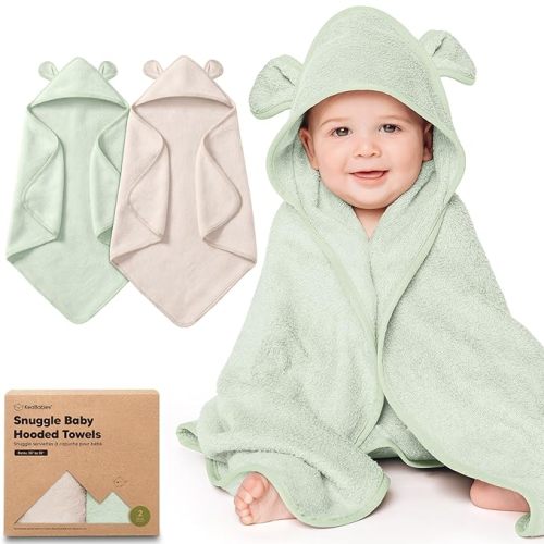 KeaBabies 2-Pack Hooded Baby Towels for Newborn - 35x35 Soft & Absorbent Viscose From Bamboo Baby Bath Towels with Hood for Infant, Toddler, Kids, Boys Girls, Newborn Bath Essentials (Almond, Regular)