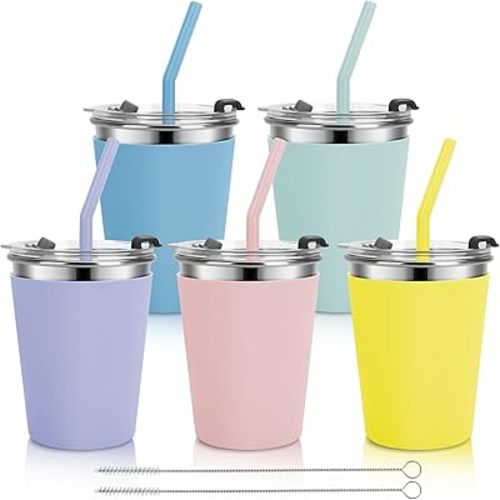 Stainless Steel Kids Cups with Lids and Straws Leakproof, 5 Pack 12oz Spill Proof Cups for Kids Tumblers Unbreakable Sippy Cup with Straws for School, Outdoor (Multicolor)