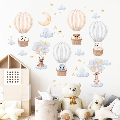 Hot Air Balloon Animals Wall Decal Kids Nursery Room Bear Wall Decor, Elephant Wall Stickers, Giraffe Art, Lion Baby Gift Peel and Stick