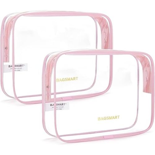 BAGSMART Clear Toiletry Bag, 2 Packs TSA Approved Water resistant Quart Size Travel Organizer, Airport Airline Travel Essential Carry On Makeup Cosmetic Bags for Women, Pink