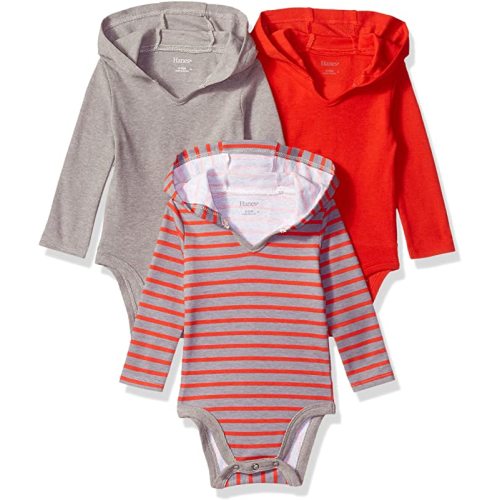 Hanes baby-girls Ultimate Baby Flexy 3 Pack Hoodie Bodysuits - 0-6 Months - Red/Grey Stripe