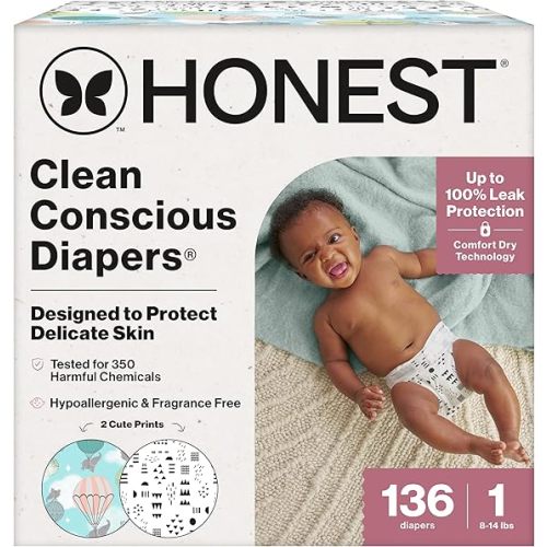 The Honest Company Clean Conscious Diapers for Sensitive Skin | Up to 100% Leakproof | Hypoallergenic, Fragrance Free | Gender Neutral | Super Club Box, Size 1 (8-14 lbs), 136 Count (Prints May Vary)