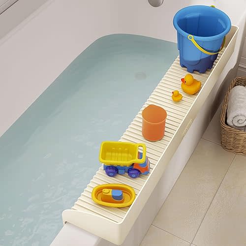 Roslim Bathtub Splash Guard Play Shelf - Silicone Toy Tray Caddy Holder, Extra Play Area for Kids' Bath, Tub Shelf with Suction Cups, Prevent Water Spills in Bathroom, Bathtub Accessories, (Beige)