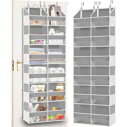 Over The Door Organizer 6 Tiers, Extra Large Behind Door Storage of 12 Compartments, 80 lbs Weight Capacity Hanging Storage Organizer with Clear Window Kids Toys,Shoes,Diapers,Room Storage,Light Grey