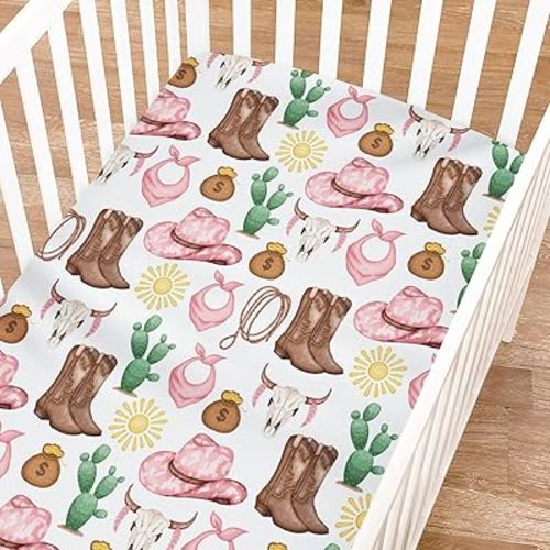 Western Cowgirl Cowboy Fitted Baby Crib Sheet for Boy Girl 52"x28" Desert Cowboy Hat Boot Sun Cactus Soft Breathable Baby Crib Mattress Bed Sheet Fits Standard Crib and Toddler Mattress Pink