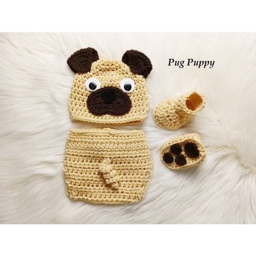 Baby Pug Puppy Crochet Hat and Diaper Cover Set - Baby Photo Prop - Baby Shower Gift - Available in 0 to 6 Months - Any Color Combination