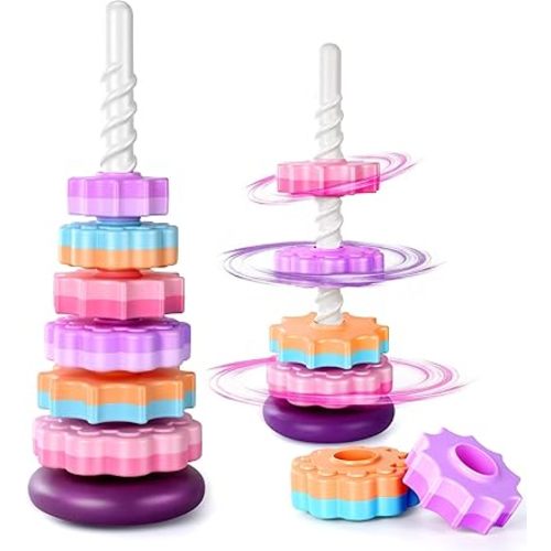 Rotating Tower Toy,Stacking Toys for Toddlers 1-3,Spinning Stacker Toy,Ring Stacker Toys,Sit and Spin Montessor Sensory & Autism Fine Motor Skills for Babies 6-12 Months, 16-Inch