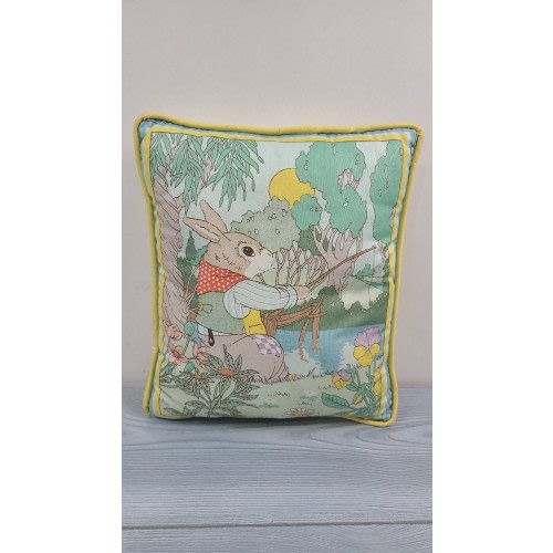 Vintage Throw Pillow  Fishing Bunny