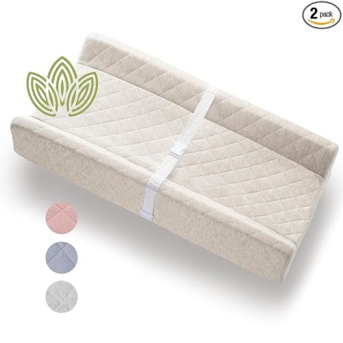 Organic Cotton Contoured Baby Changing Pad w/Waterproof Foam Mattress, Includes Soft, Removable & Washable Cover, Safety Strap, Non-Slip Bottom, Topper for Standard Size Infant Diaper Table & Dresser