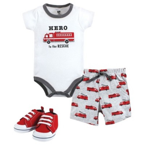 Hudson Baby Infant Boy Cotton Bodysuit, Shorts and Shoe Set, Firetruck Hero, 0-3 Months