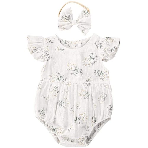 Newborn Baby Girl Romper Floral Ruffle Sleeveless Jumpsuit Cotton Bodysuit with Headband Summer Clothes Outfit - A-white - 0-6m