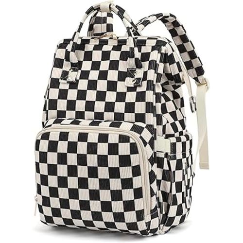 Baby Diaper Bag Backpack for Mom, Large Capacity Travel Nappy Bag for Boys & Girls with Stroller Straps (Corduroy Checkered Black)