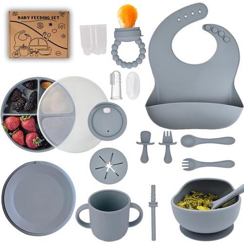 Silicone Baby Feeding Set -16 piece Baby Led Wearing Supplies with Suction plates for toddlers, bowls, Baby Utensils, Snack Cup, Sippy Cups, Toddler Utensils items Gray 6+ Months essentials must have.