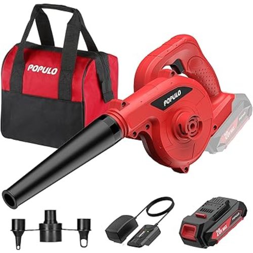 POPULO 20V Cordless Mini Electric Blower Kit,150mph Wind Speed for Cleaning Workshop,Garage,Inflating Air Mattress,Leaf Blower for Small Patio Areas, Included Battery,Inflating Adaptors and Charger