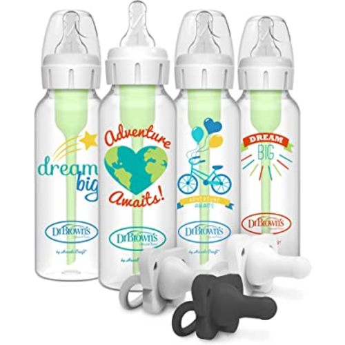 Dr. Brown’s Anti-Colic Options+ Baby Bottles, Narrow, Dream/Adventure, 8oz, 4 Pack and HappyPaci 100% Silicone Pacifier 0-6m, BPA Free, White, Black, Cool Gray 3-Pack