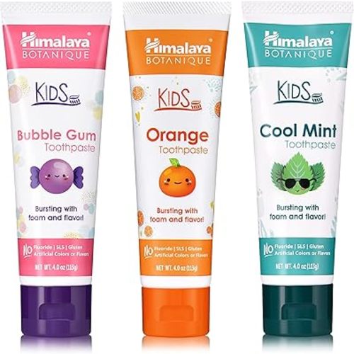 Himalaya Botanique Kids Toothpaste, Herbal, Cool Mint, Bubble Gum and Orange Flavor, Fights Plaque, Fluoride Free, No Artificial Flavors or Colors, SLS Free, Gluten Free, Vegan, 4 Oz, Variety 3 Pack…