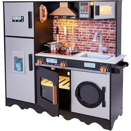 Lil' Jumbl Jumbl Kids Kitchen Set, Pretend Wooden Play Kitchen, Battery Operated Icemaker, Microwave, Range Hood, Stove Top, Oven, with Realistic Sound & Lights, Pots, Pan, & Utensils Included