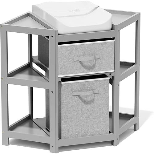 KORIMEFA Changing Table with Drawers, Corner Baby Diaper Changing Station for Nursery with Laundry Hamper, Storage Bin, and Contoured Pad for Baby - Grey