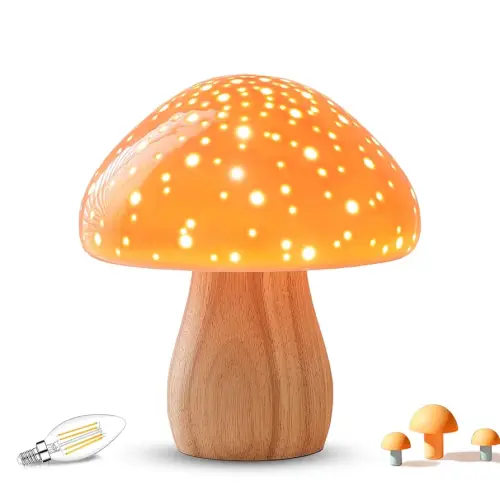BOHON Mushroom Lamp, Ceramic Bedside Table Lamp for Bedroom Nightstand, Retro Vintage Orange Night Light, Small Aesthetic Lamp for Living Room Desk Home Decor, LED Bulb Included, Orange