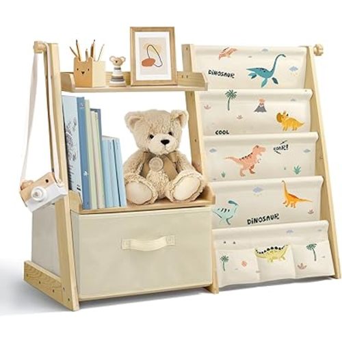 Kids Bookshelf and Toy Organizer 2 in 1,Book Shelf for Kids Rooms with Movable Toy Bin,4 Tier Toddler Sling Book Rack for Nursery Bedroom Playroom (Dinosaur)