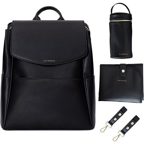 Leather Diaper Bag Backpack with USB Charging port, Changing Pad, Stroller Straps, and Bottle Holder (Black Olivia)