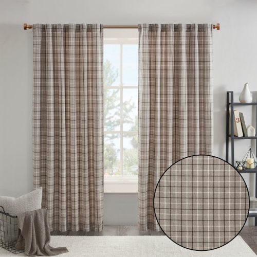 Fleece Lining Plaid Weave Window Curtain Panel, Faux Leather Textured Light Filtering Curtain for All Seasons, Brown, 50x95"