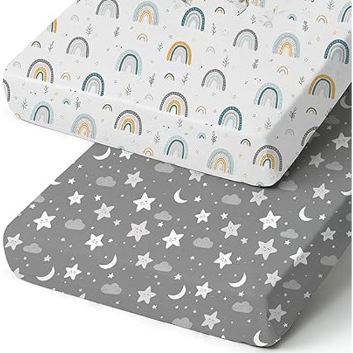 Pack n Play Sheets, BROLEX 2 Pack Mini Crib Sheets,Stretchy Portable Fitted Playard Sheet Set, Convertible Playard Mattress Cover,Ultra Soft Breathable Material,Rainbow Stars