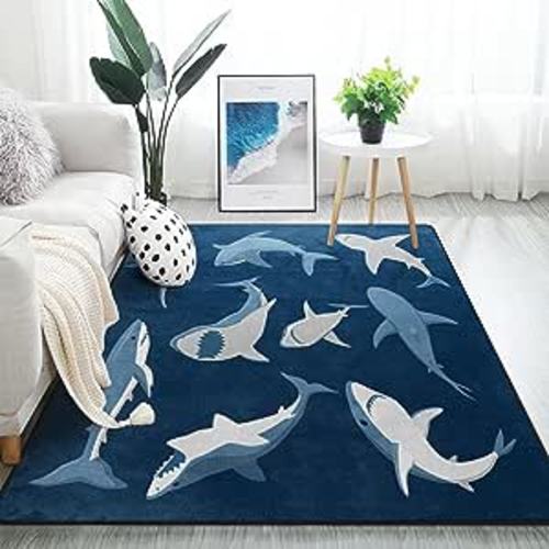 ALAZA Blue Cartoon Shark Print Area Rug Rugs for Living Room Bedroom 7' x 5'