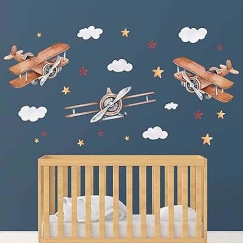 Large Airplane Wall Decals for Kids - Modern Multicolor Cartoon Plane Nursery Wall Stickers - Vinyl Wall Decals