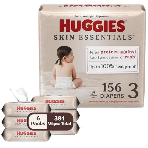 Bundle of Huggies Size 3 Diapers, Skin Essentials Baby Diapers, Size 3 (16-28 lbs), 156 Count (3 Packs of 62) + Huggies Skin Essentials Baby Wipes, 99% Water, 6 Flip Top Packs (336 Wipes Total)