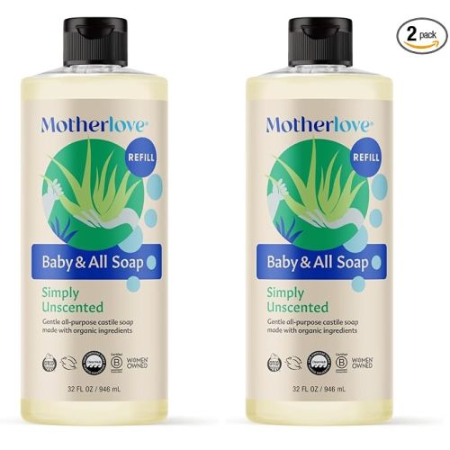 Motherlove Baby & All Soap (32 oz) Gentle Foaming All-Purpose Castile Soap Made with Organic Ingredients – Simply Unscented (Pack of 2)