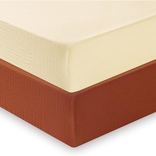 david's kids Muslin Crib Sheets for Boys Girls, 2 Pack 100% Cotton Soft Breathable Fitted Baby Sheet Set, 28x52 Inch Fits Standard Crib and Toddler Mattresses, Beige & Brown