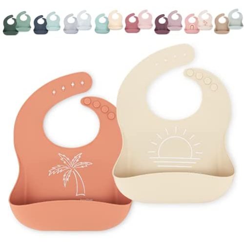 Silicone Bib Set - Adjustable Waterproof Bibs - Set of 2 - Mocha/Mint