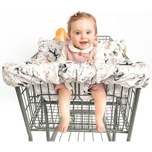 2-in-1 Cushy High Chair Cover and Shopping Cart Cover for Baby, Comfortable Cover for Grocery Cart, Universal Fit Cart Cover for Babies, Includes Storage Pouch - Coming Up Roses