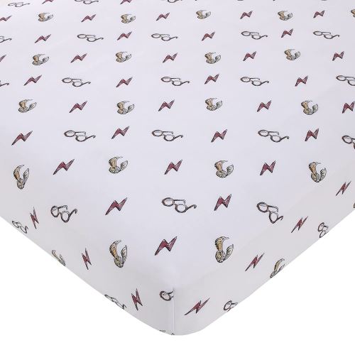 Warner Brothers Harry Potter White, Red, and Gold Lightning Bolt, Golden Snitch, and Glasses Nursery Fitted Crib Sheet