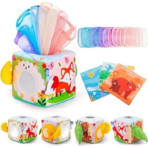 Baby Tissue Box Toy Montessori Toys for Infant 6,9,12,18 Months Sensory Tissue Box Toy with Mirror,Textured Tails,Squeaky Sounds for Boys&Girls Toddler Early Learning
