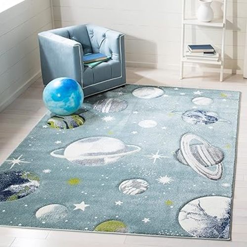 SAFAVIEH Carousel Kids Collection Accent Rug - 3'3" x 5'3", Teal & Ivory, Non-Shedding & Easy Care, Ideal for High Traffic Areas for Boys & Girls in Playroom, Nursery, Bedroom (CRK103J)