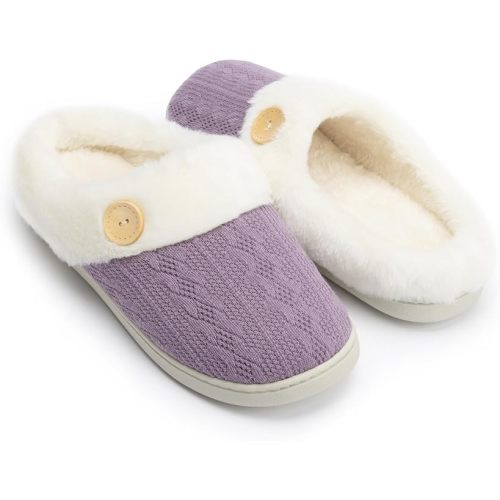 Chantomoo Womens Slipper Warm Comfy Memory Foam House Slippers Knitted Shoes Faux Fur Lined Anti-Skid Rubber Sole Bedroom Cozy Indoor Outdoor Slippers