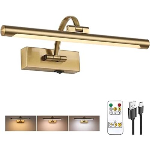 Wireless Picture Lights for Wall Rechargeable, Battery Operated Art Light for Paintings, 3CCT Dimmable, 15.7" Brass Finish with Remote, Rotatable Gallery Light for Pictures Display