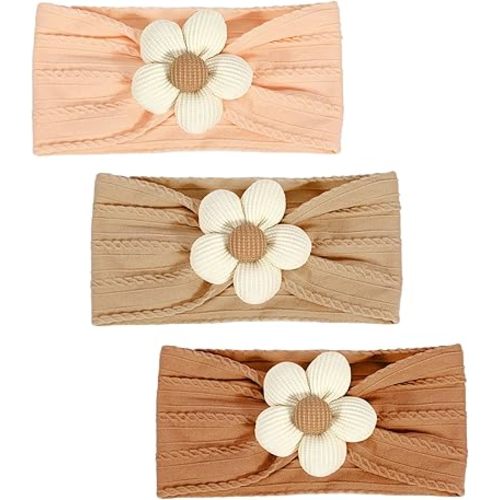 3 Pcs Baby Flower Headbands Baby Girls Nylon Headbands Soft Hairbands Hair Accessories for Newborn Infant Toddler Kids (Beige Orange Brown)