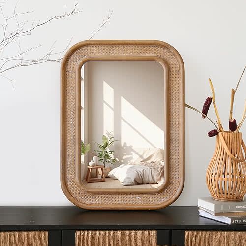 Micasso Rattan Wall Mirror, 30 x 22 Inches Purely Handmade Wooden Frame Bamboo Mirror, Shabby Chic Rustic Wicker Mirror, Rectangular Boho Style Wall Mirror for Bathroom, Bedroom, and Living Room