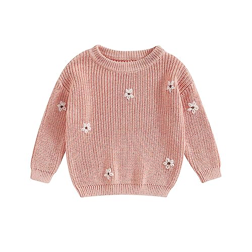 Baby Girl Cable Knit Sweater Long Sleeve Boho Floral Embroidery Oversized Sweatshirt Warm Fall Winter Clothes