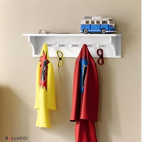 Ballucci Floating Coat and Hat Wall Shelf Rack, 5 Pegs Hook, 24", White