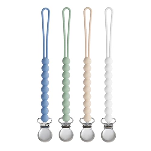 Pacifier Clip for Boys Girls - MORIBOX 4 Pack Paci Clip Soothie Baby Binky Holder for Shower Gift Birthday (Beige+White+Blue+Sage)